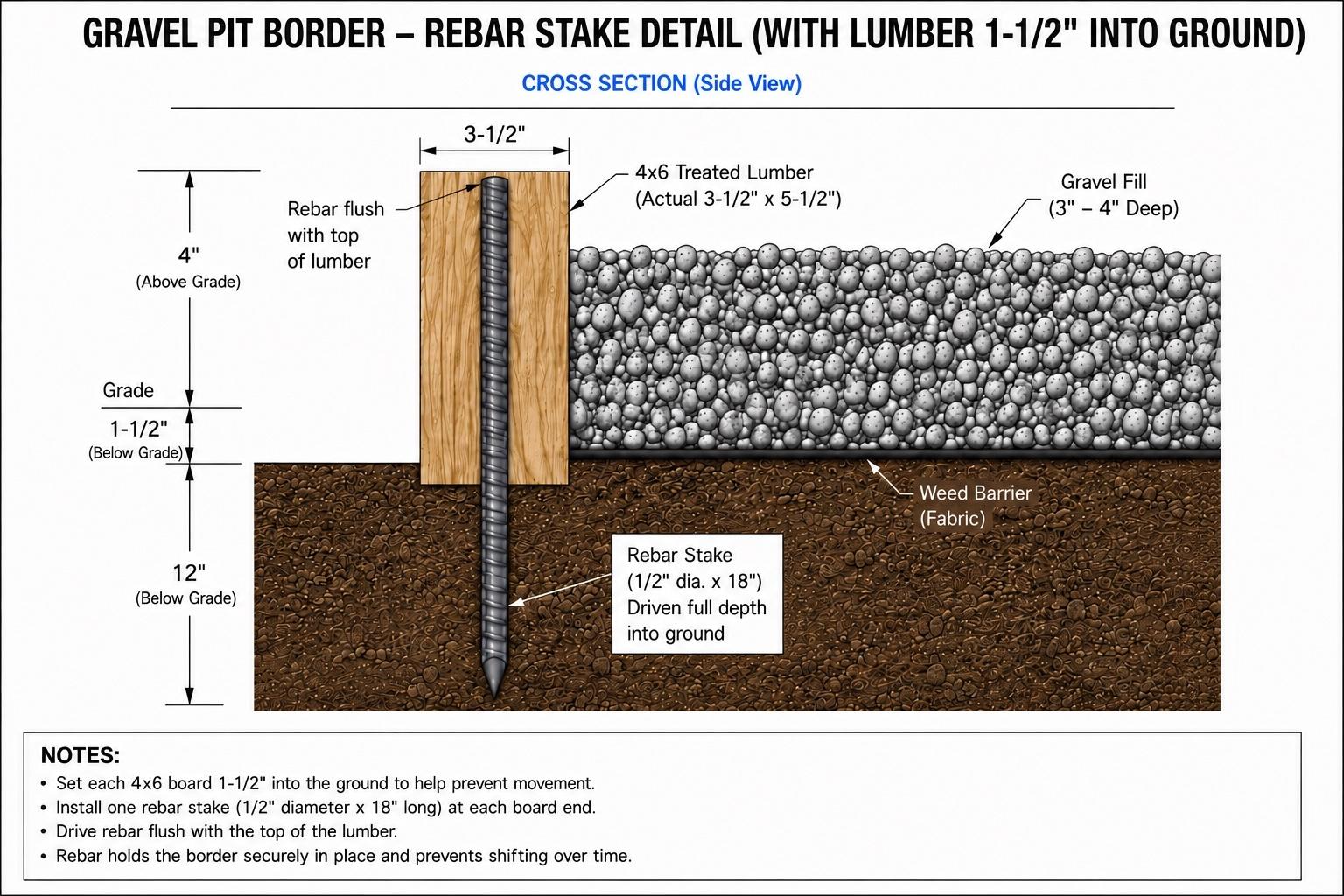 Cross-section · Gravel, weed barrier, and timber border