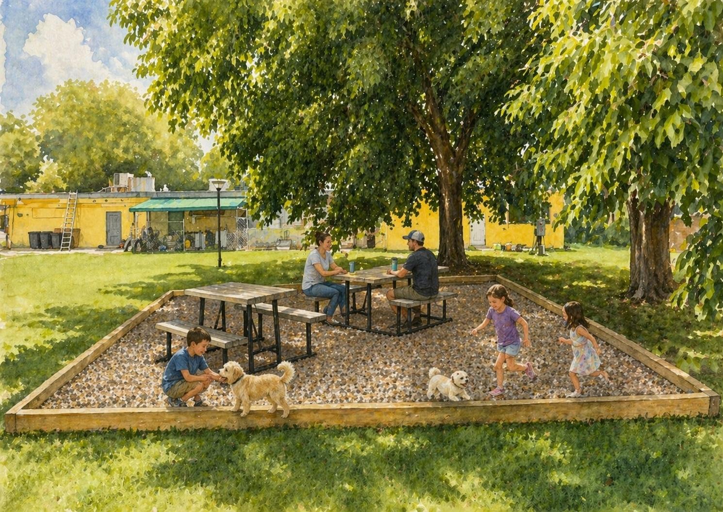 Proposed rendering of the gravel rest area with picnic benches beneath shade trees at Tri County Animal Rescue
